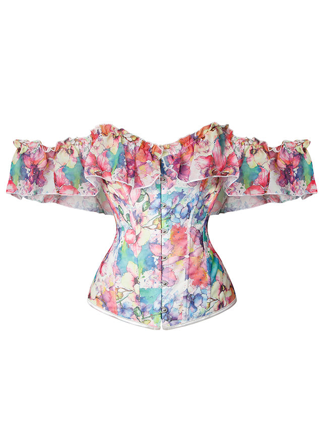 Retro Floral Print Off Shoulder Ruffles Plastic Boned Burlesque Corset