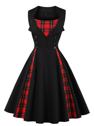 1950s Style Retro Rockabilly Dress with Plaid Patchwork