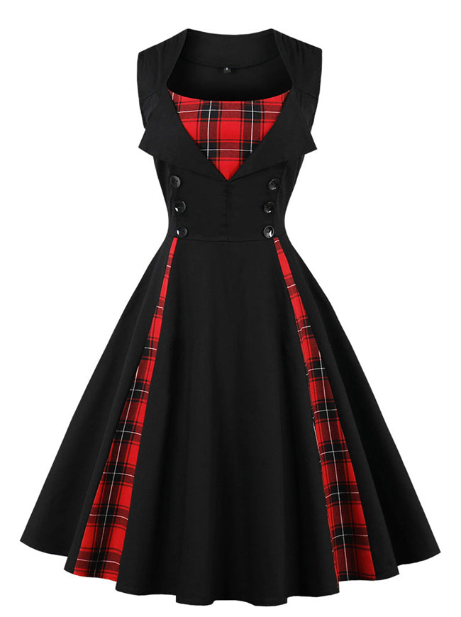 1950s Style Retro Rockabilly Dress with Plaid Patchwork