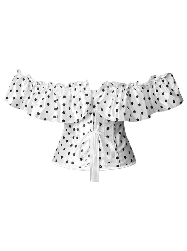 Women Vintage Victorian Polka Dot Printed Off Shoulder Ruffled Lace Up Overbust Corset Top