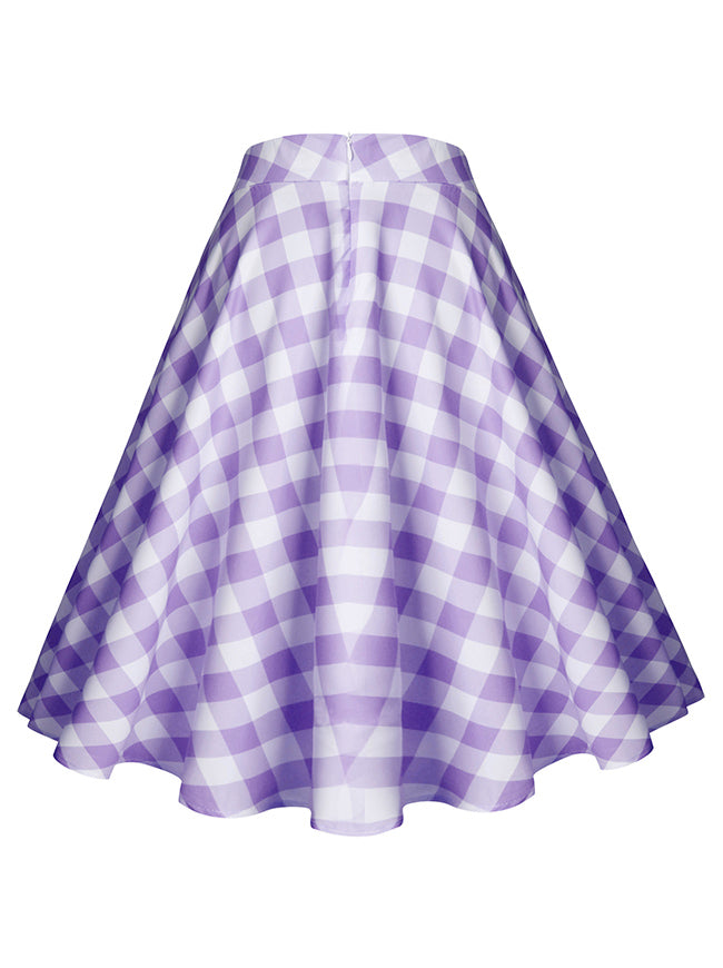 Women's Fashion Vintage Cotton Plaid High Waist Ruffle Swing Midi Skirt Purple Skirt