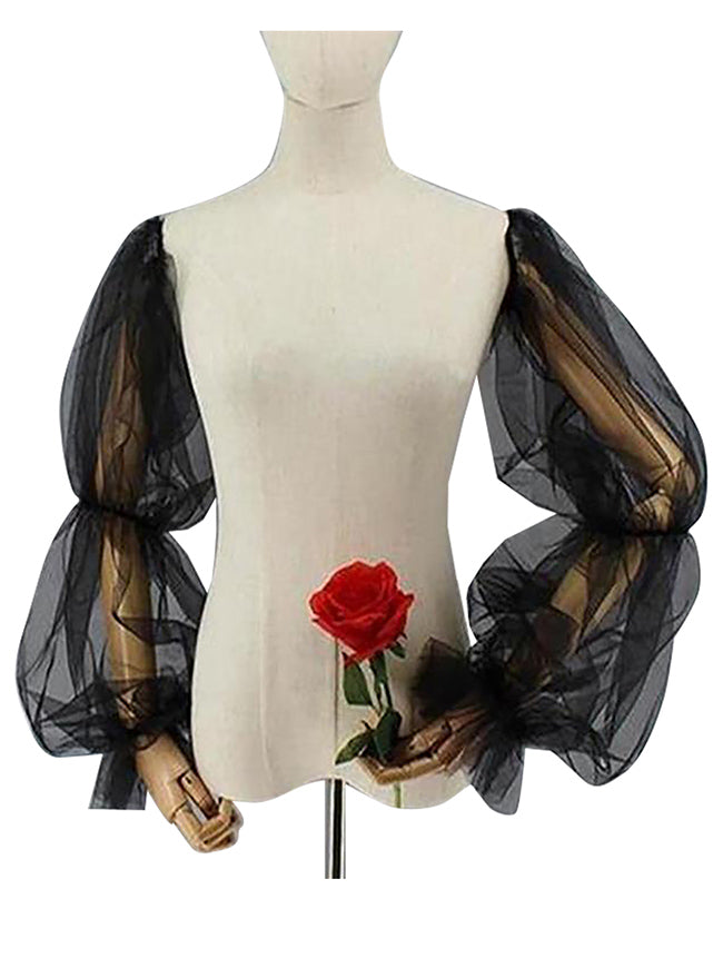 Women's Long Fingerless Mesh Sheer Gloves Detachable Puffy Tulle Sleeves Black