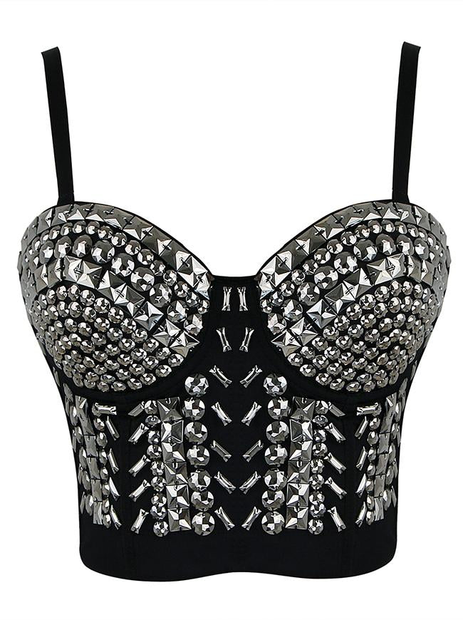 Women's Sexy Spaghetti Strap Silver Rivets Bustier Crop Top