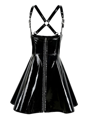 Sexy PVC Skirt Flared Suspender Brace Skirt Clubwear Dress