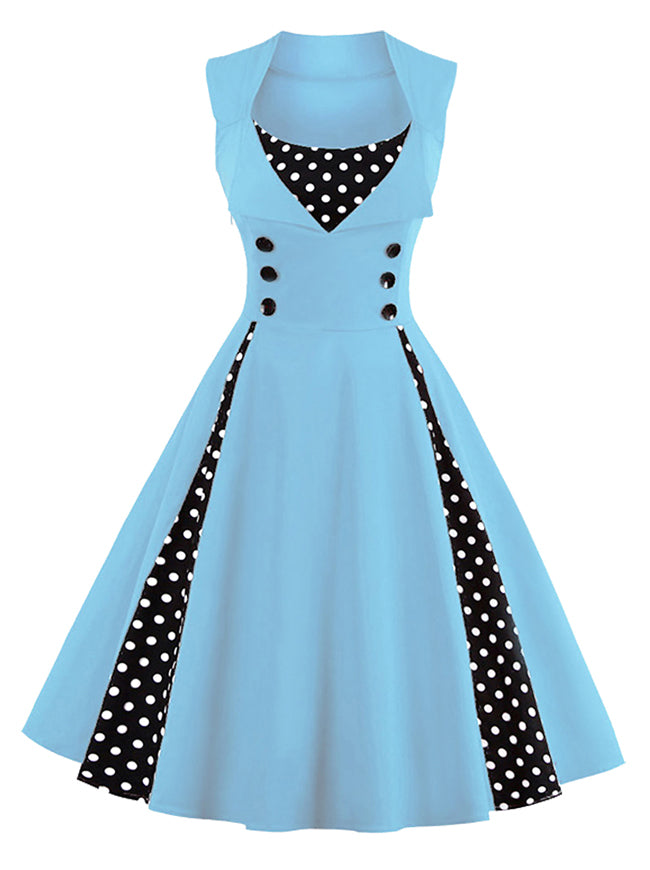Women's Sleeveless Casual Party Cocktail Dress with Polka Dot Patchwork