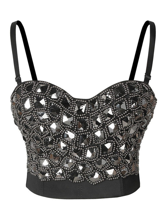 Women Bra Top Sexy Diamond Sequins B Cup Spaghetti Straps Bustier Bra Clubwear Crop Top