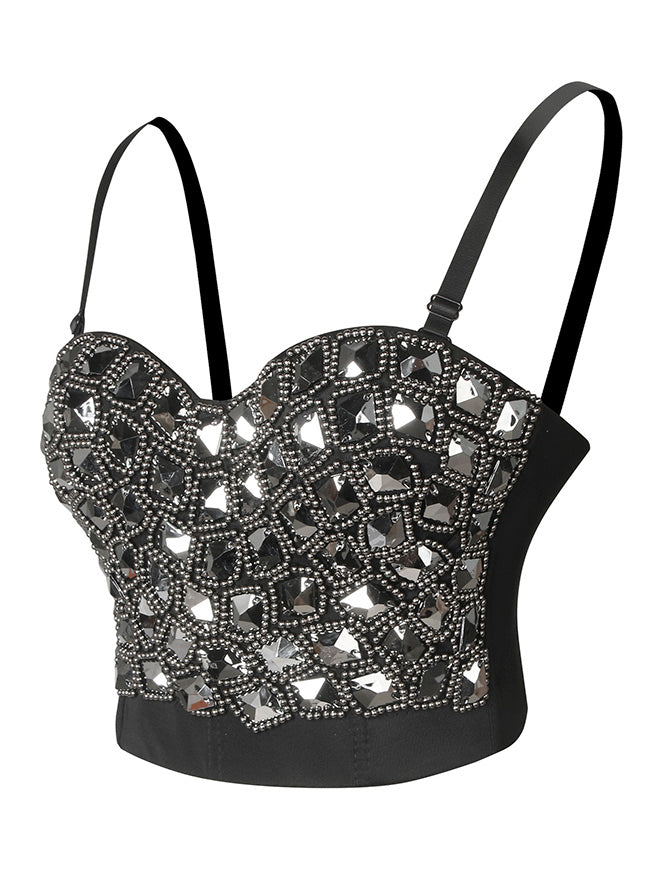 Women Bra Top Sexy Diamond Sequins B Cup Spaghetti Straps Bustier Bra Clubwear Crop Top