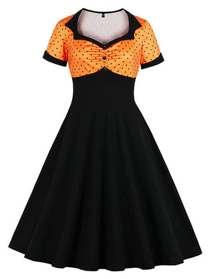 Polka Dots Spliced Lapel Short Sleeve Swing Midi Dress