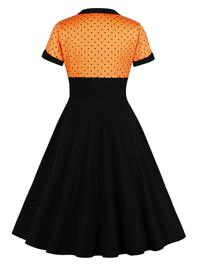 Polka Dots Spliced Lapel Short Sleeve Swing Midi Dress