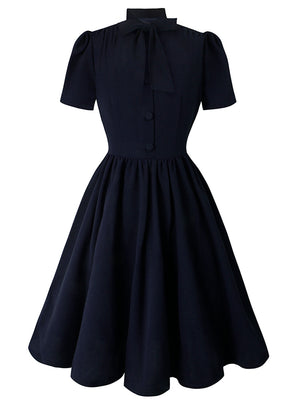 1950s Vintage A Line Swing Dress Rockabilly Cocktail Party Casual Dress Solid Midi Dress Navy Blue Main Image