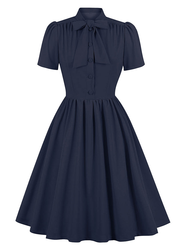 1950s Vintage A Line Swing Dress Rockabilly Cocktail Party Casual Dress Solid Midi Dress Navy Blue