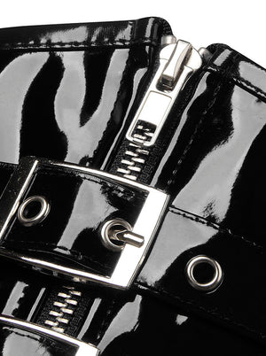 Women's Steampunk Gothic PVC Leather Zipper Boned Underbust Corset with Buckles Black