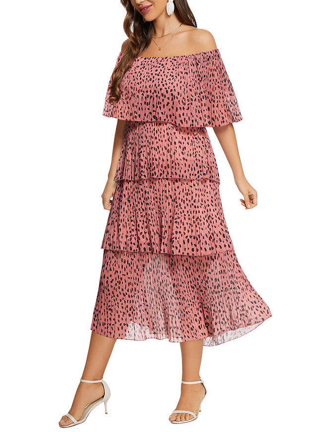 Women's Chiffon Off-Shoulder Ruffles Short Sleeve Polka-dots Layered Dress