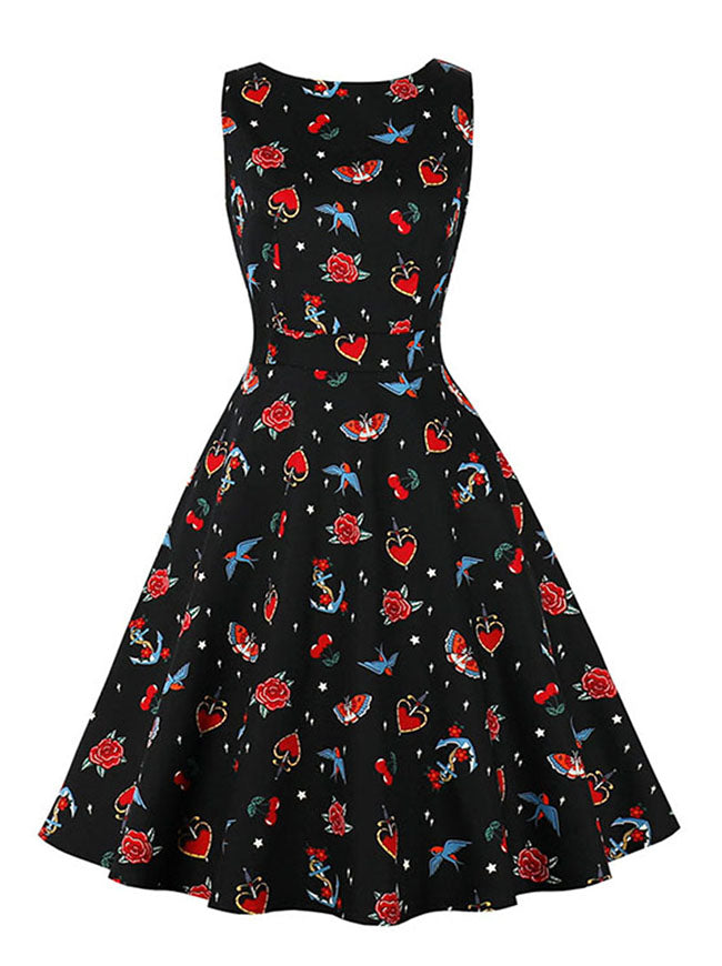 Retro Rose and Heart Print Round Neckline Sleeveless Summer Party Midi Dress