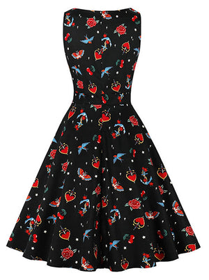 Retro Rose and Heart Print Round Neckline Sleeveless Summer Party Midi Dress