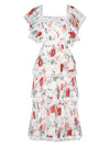 Chiffon Floral Print Square Neckline Cut-out High Waist Layered Dress