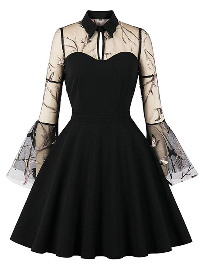 Gothic Embroidered Lapel Flare Mesh Sleeve Plus Size Dress A-line Vampire Dress