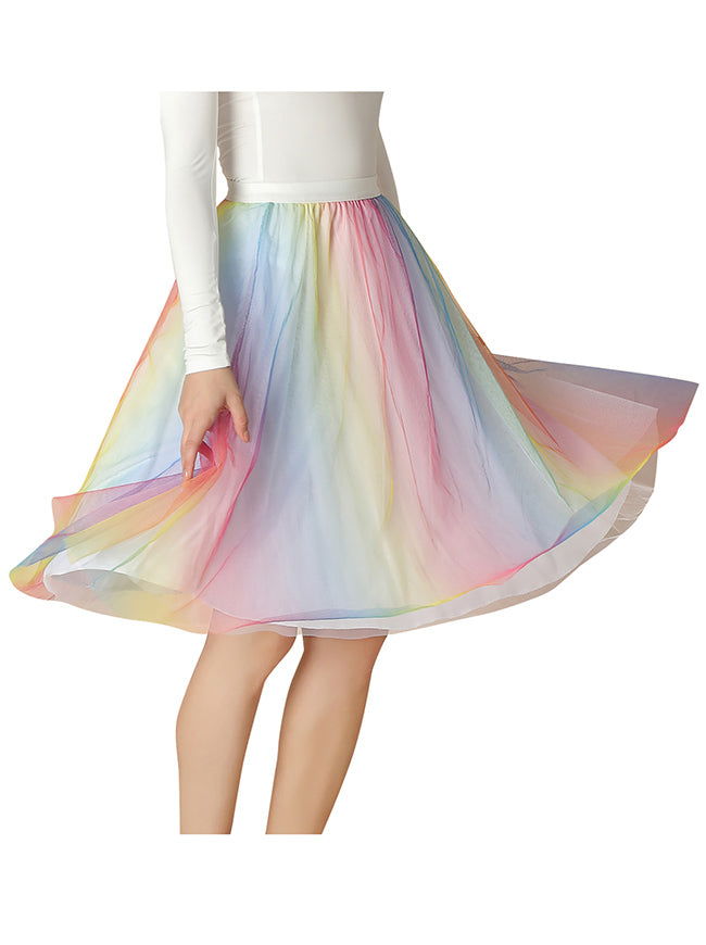 Women Mesh A-line Tulle Skirt Fairy Pleated Colorful Gradient Midi Skirt