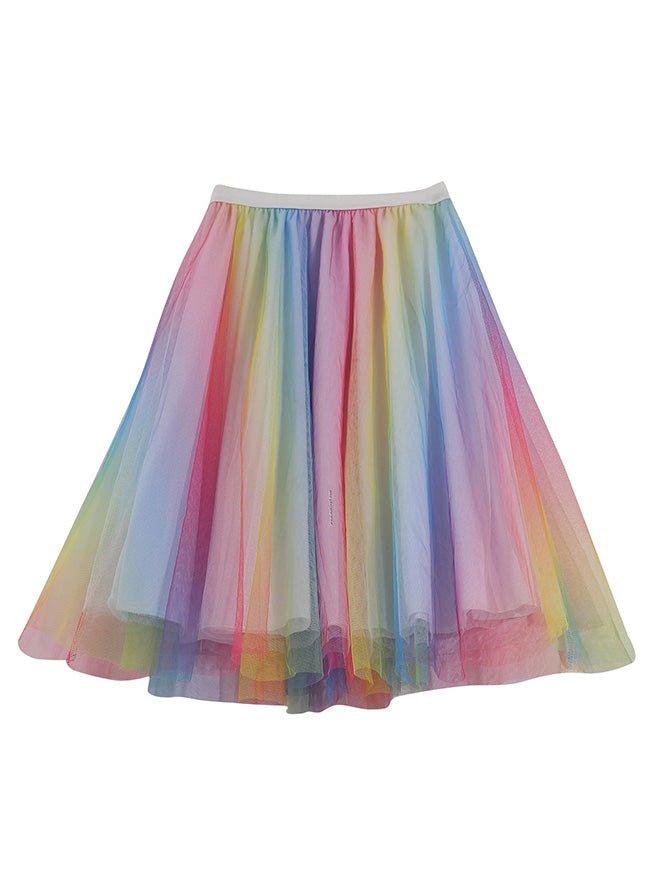 Women Mesh A-line Tulle Skirt Fairy Pleated Colorful Gradient Midi Skirt