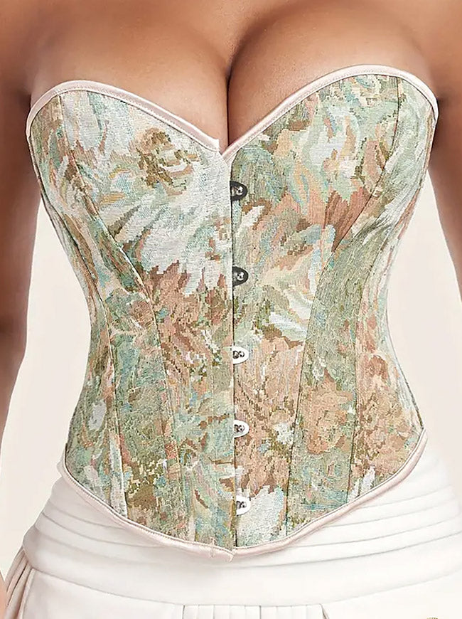 Women's Vintage Strapless Floral Print Plastic Boned Lace Up Body Shaper Overbust Corset