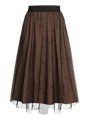 Brown Skirt Women Pearl Beaded Mesh Overlay A-Line Elastic Waist Layered Midi Skirt