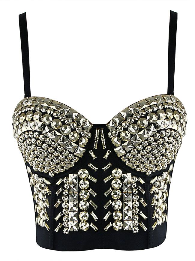 Women's Sexy Spaghetti Strap Gold Rivets Bustier Bra