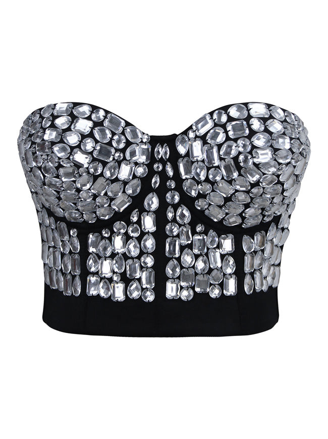 Punk Silver Rhinestone Push Up Bra Club-wear Party Bustier Crop Top