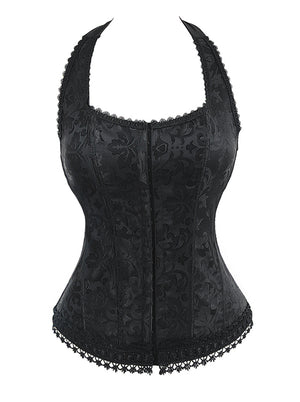Plus Size Halter Satin Jacquard Weave Black Lace Edge Corset Top