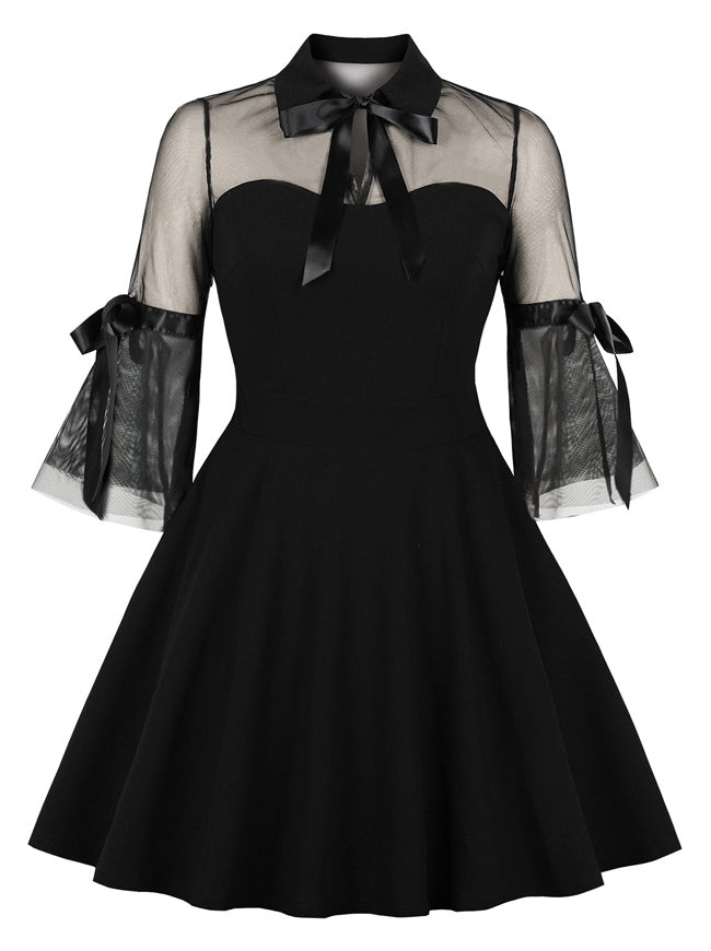 See-through Mesh Splicing Turndown Collar Flare Sleeve Black Swing Dress