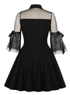 See-through Mesh Splicing Turndown Collar Flare Sleeve Black Swing Dress