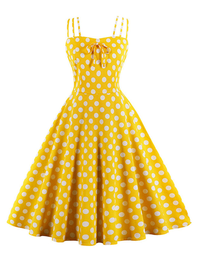 Spaghetti Strap Polka Dot Printed Summer Swing Dress