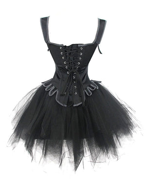 Gothic Steel Boned Wide Straps Corset Set with Irregular Tulle Mesh Skirt