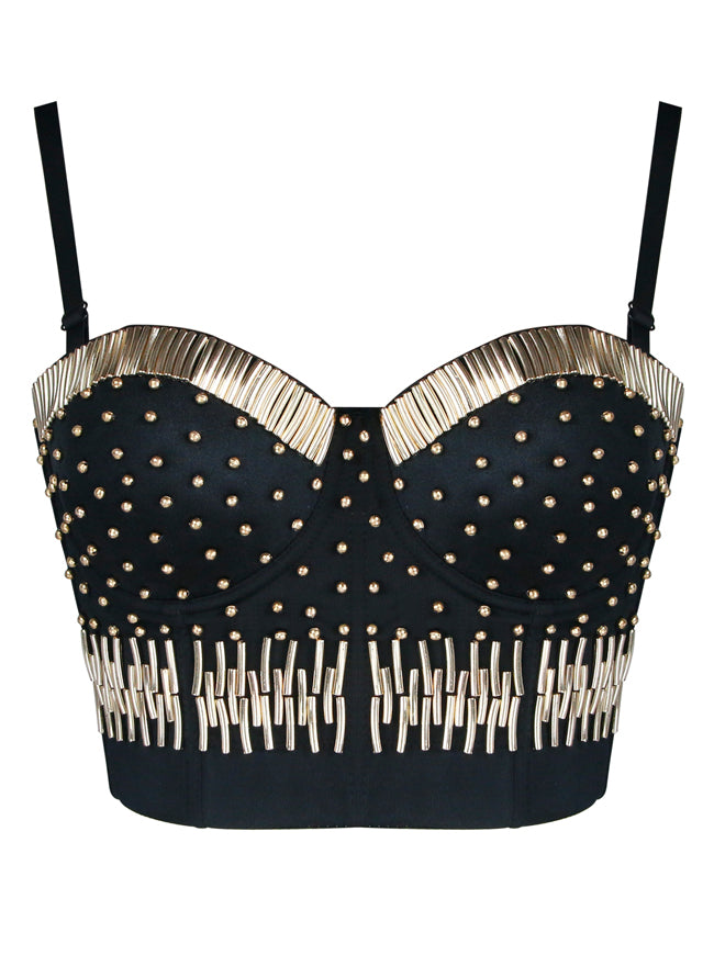 Golden Spaghetti Straps Bustier Crop Top with Tubes and Beads Covered