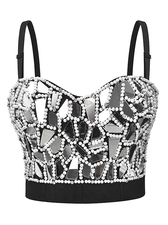 Silver Sequins/Beads B Cup Bustier Bra Music Festival Clubwear Crop Top