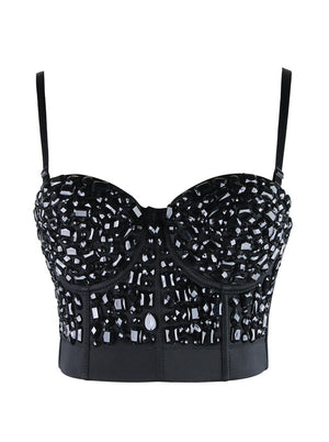 Punk Black Rhinestone Push Up Bra Club-wear Party Bustier Crop Top