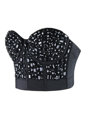 Punk Black Rhinestone Push Up Bra Club-wear Party Bustier Crop Top