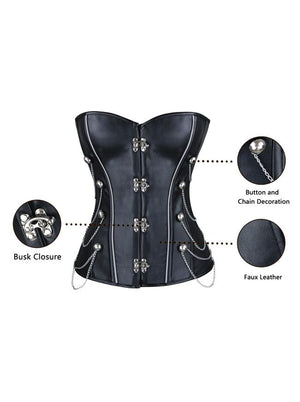 Spiral Steel Boned Steampunk Gothic Faux Leather Overbust Corset Top with Chain