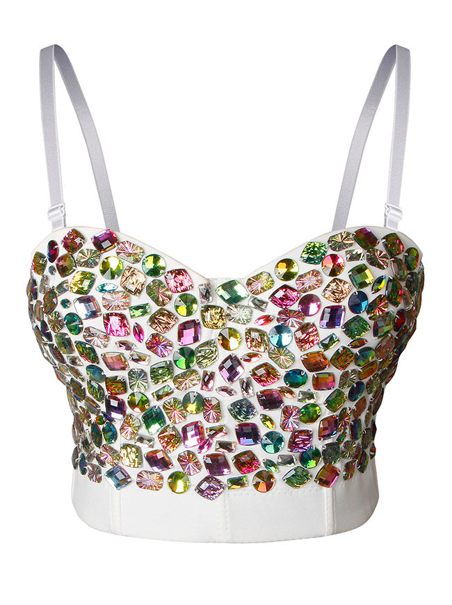 Corset Bra Top White Women's Colorful Rhinestone Push Up Clubwear Bustier Crop Top