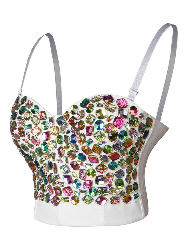 Corset Bra Top White Women's Colorful Rhinestone Push Up Clubwear Bustier Crop Top