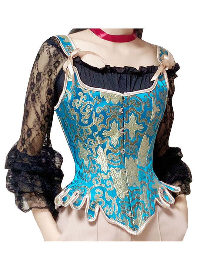 Gothic Steel Boned Brocade Overbust Corset with Off-shoulder Lace Ruffle Blouse