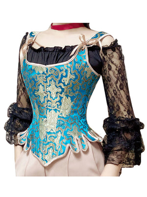 Gothic Steel Boned Brocade Overbust Corset with Off-shoulder Lace Ruffle Blouse