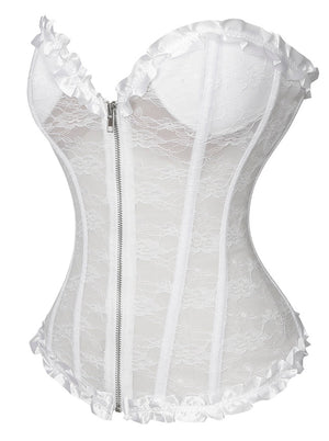 Victorian Burlesque Gothic Floral Mesh Zipper Overbust Bustier Corset For Women White