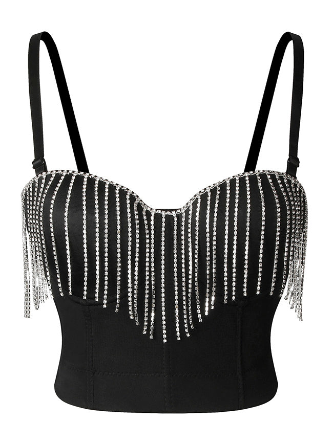 Diamond Bustier Crop Top Women Spaghetti Straps Tassel Chain Corset Bra Top