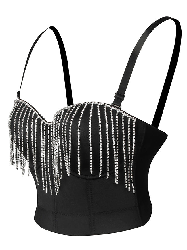 Diamond Bustier Crop Top Women Spaghetti Straps Tassel Chain Corset Bra Top