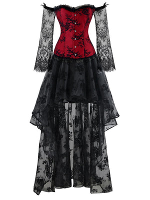 Gothic Red Long Floral Sleeve Off-Shoulder Corset Organza Skirt Set