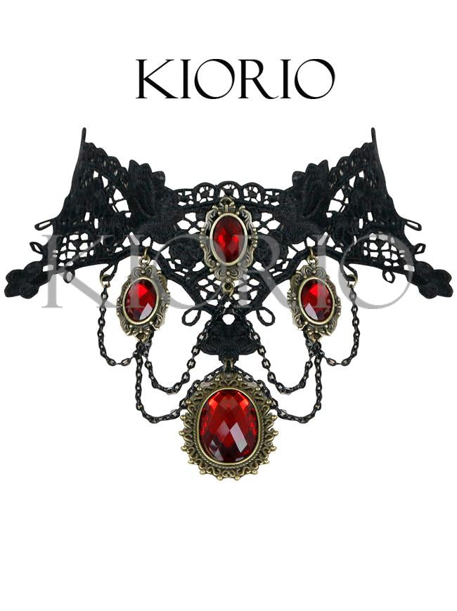 Handmade Vintage Gothic Victorian Lace Gorgeous Red Gem Chocker Necklace