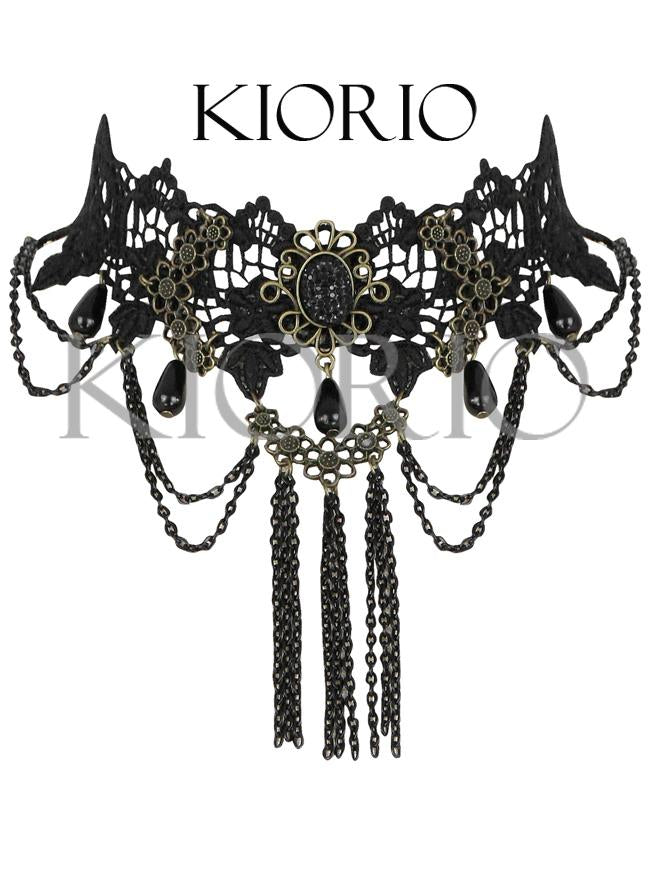 Handmade Vintage Gothic Victorian Lace Tassels Black Chocker Necklace