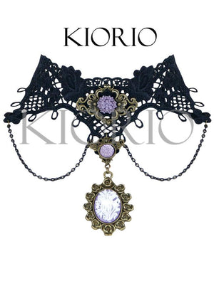 Handmade Gothic Lolita Purple Pendant Lace Cameo Choker Necklace Gorgeous Jewelry with Chains