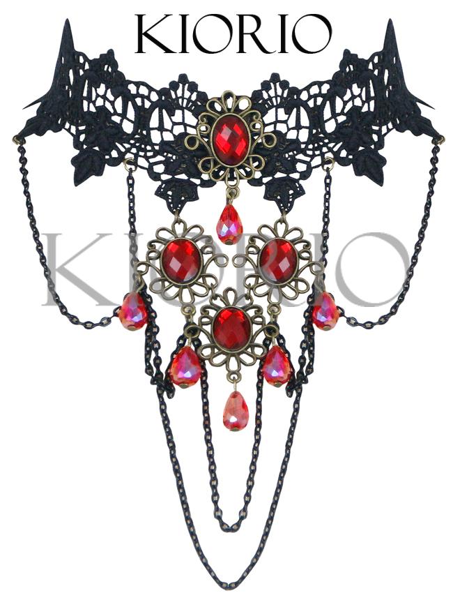 Handmade Gothic Retro Victorian Black Lace Red Gem Choker Gorgeous Necklace