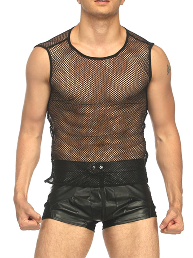 Sleeveless Black Mesh See Through Clubwear Tank Top Vest for Men